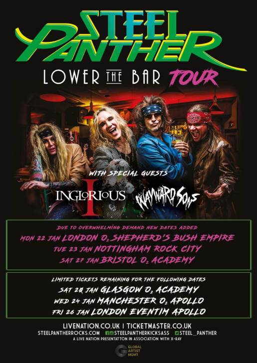 Wayward Sons 2018, Steel Panther, Lower The Bar Tour, British Rock n Roll, Ireland, England, Scotland, Toby Jepson, Phil Martini, Shepherd's Bush Empire, Nottingham Rock City, Bristol Academy, X-Ray Touring, Paiste Cymbals, Vic Firth sticks, Aquarian heads, Live drummer, Hammersmith Apollo